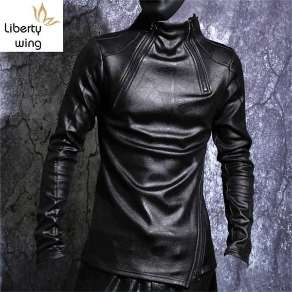 

autumn winter men stand collar warm fleece lining pullover gothic slim fit punk coat black motorcycle pu leather jacket 211118