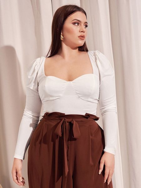 

plus sweetheart neck puff sleeve tee d4da#, Black