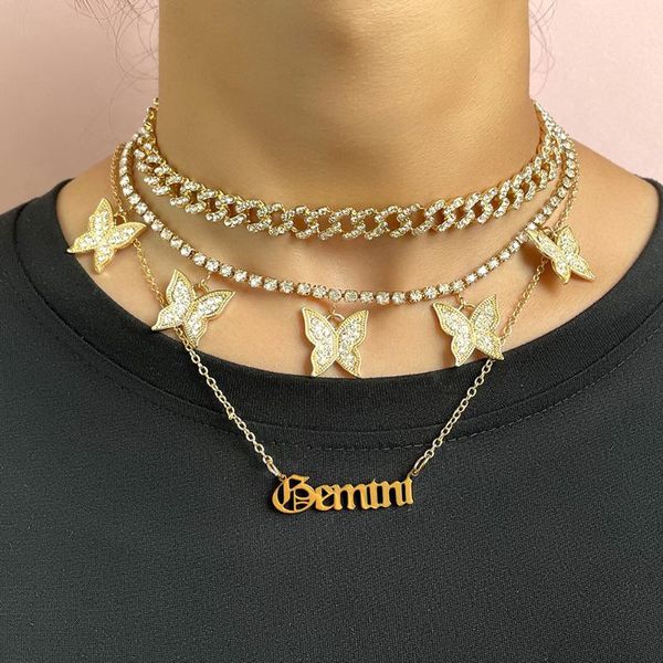 

chains punk multilayer crystal cuban chain necklace for women gold silver color butterfly rhinestone tennis choker jewelry wholesale