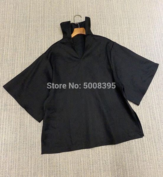 

[elfstyle] - liry linen silk oversized blouse black v-neck high collar wide sleeves side slits fashion woman 2021 women's blouses & sh, White
