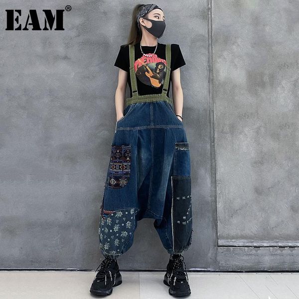 

women's jeans [eam] high waist blue pattern denim strap wide leg loose women trousers fashion tide spring autumn 2021 1dd9950