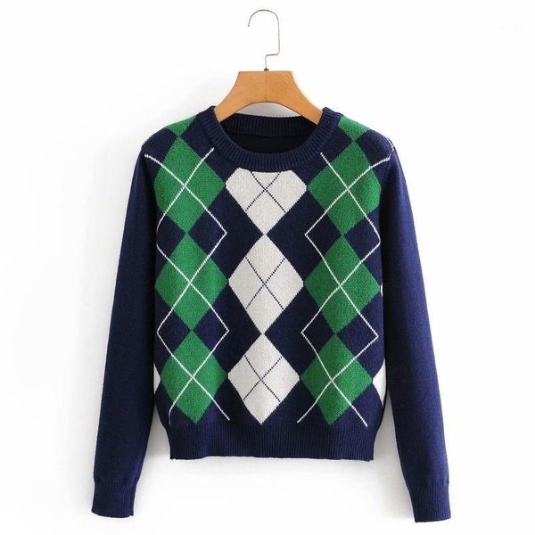 

women's sweaters women preppy style long sleeve sweater contrast color argyle plaid knitted pullover vintage crew neck loose jumper, White;black