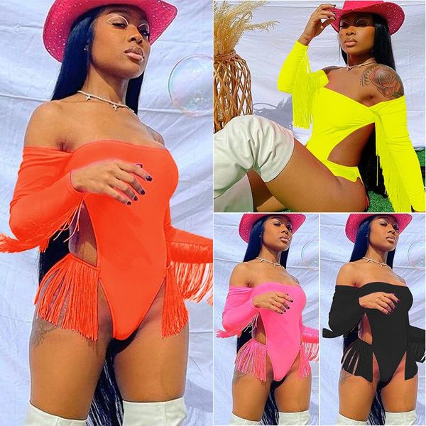 

off shoulder long sleeve one piece swimsuit women tassel thong swimwear bathing suit beachwear one-piece suits