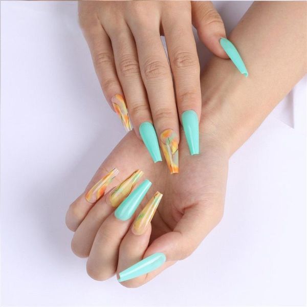 

false nails fashion jelly gum t-shaped extra long green coffin nail tip ballerina, Red;gold