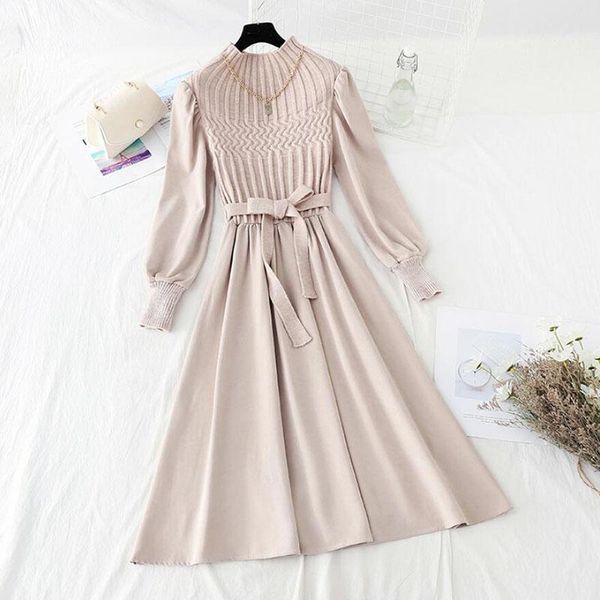 

casual dresses autumn winter women dress vintage corduroy patchwork knitted half high collar midi elegant a-line vestidos, Black;gray
