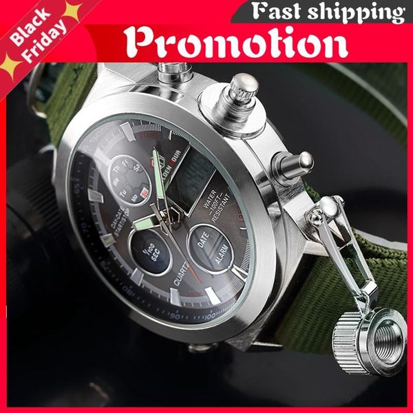 

wristwatches fashion brand men sports watches with nylon strap digital analog watch army military waterproof male led relogio masculino gift, Slivery;brown