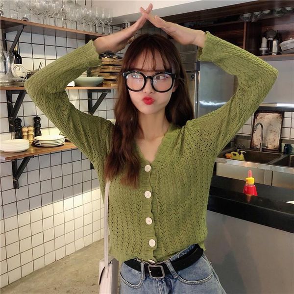 

korean spring autumn women v-neck sweater slim long sleeved button hollow out solid color knit cardigan women's knits & tees, White