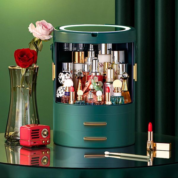

storage boxes & bins deskdecoration makeup box drawer type cosmetic with led light mirror rotating plastic