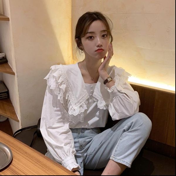 

designer autumn ruffles doll collar women blouses solid white flare long sleeve office loose shirts femalemyself