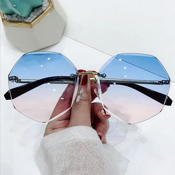 

rimless women's sunglasses fashion vintage round metal lady sun glasses blue pink ocean water cut trimmed lens, White;black