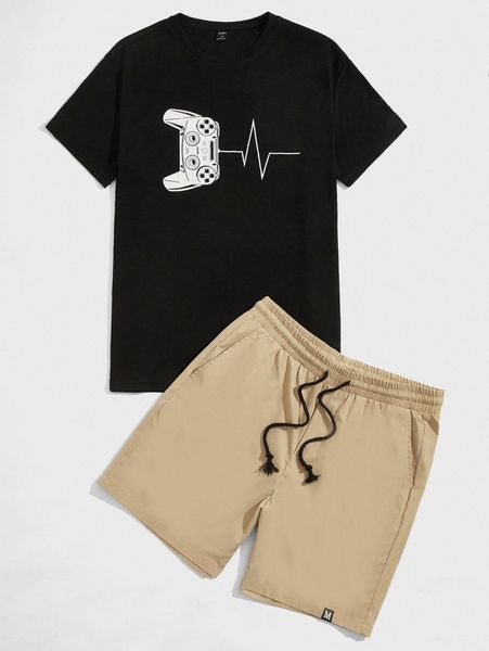

men gamepad print tee & letter patch shorts set x6ch#, Gray