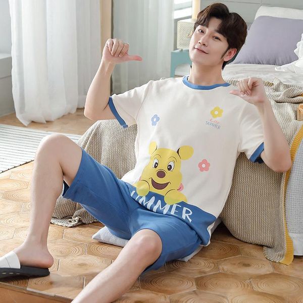 

men's sleepwear mens casual pajamas cartoon print summer fashion plus size pyjamas set cotton sleeveless short pant homesuit, Black;brown
