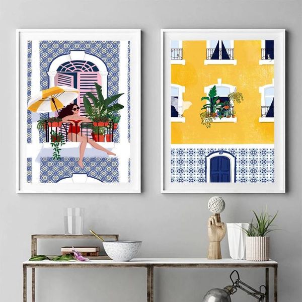 

paintings portugal plant girl nordic poster morocco building wall art canvas painting woman travel picture for living room home decor