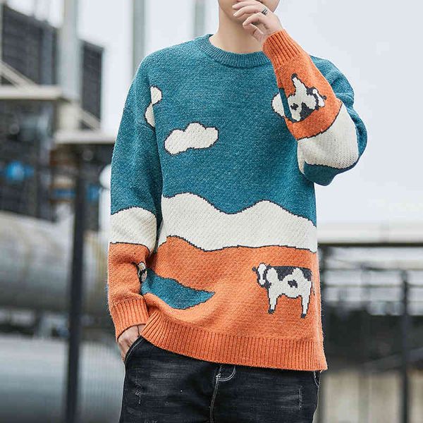 

vintage sweater men pullover harajuku loose o-neck cartoon cow cute long sve warm thick knitted sweaters fashion casual ropa, White;black