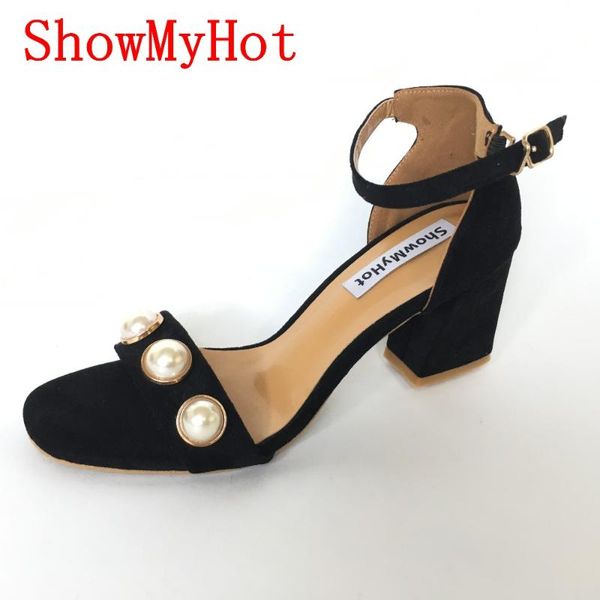 

showmy women design sandals buckle flock summer fashion pearl thick high heels gladiator shoes dress, Black