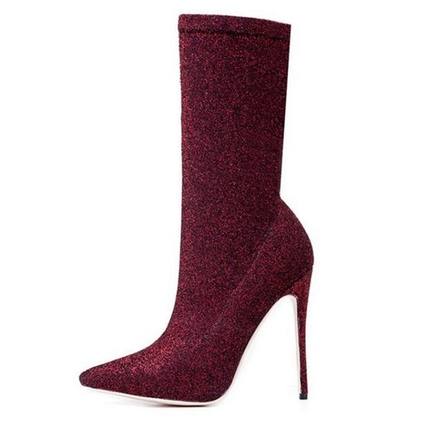

boots selling wine red stretch fabric mid calf for women pointed toe thin heels sock womens slip-on ladies dress shoes, Black