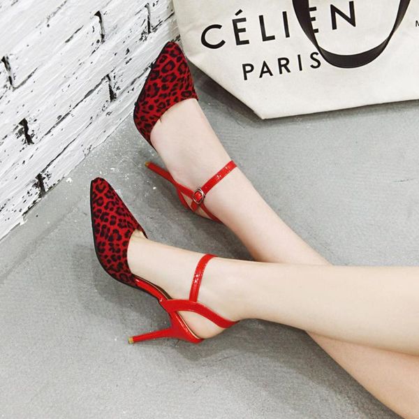 

sandals 2021 design prints leopard ankle strap women fine heel party lace-up summer sandal shoes size 33-43, Black