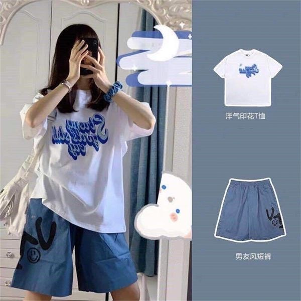 Summer estilo formal ternos doces frescos top t-shirt de mangas curtas + calções largas pants calças de duas peças sets tendência luz desgaste de rua 210526