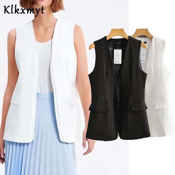

klkxmyt vest women fashion office wear solid waistcoat vintage sleeveless pockets female za outerwear chic 210527, Black;white