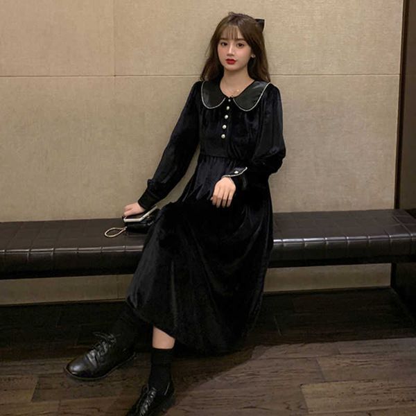 Старинные милые бархатные платья с длинным рукавом черные зимние женщины кукла воротник Midi корейская леди свадебная вечеринка 210604