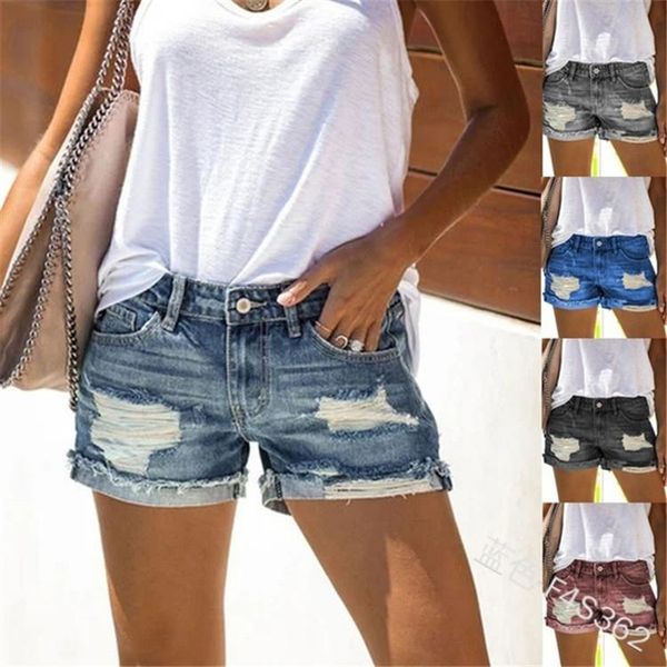 

women's jeans wepbel fashion holes ripped denim shorts pockets button high waist summer sexy, Blue