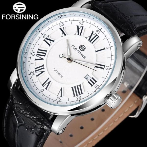Relógios de pulso 2021 Forsining Homens Marca Relógios Simples Automático Auto Vento Watch White Dial Data Auto Numerais Band