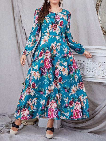 

plus floral print bishop sleeve dress z3jd#, Black