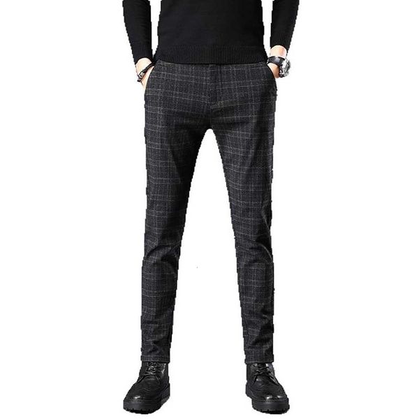 

pants trendy casual men's straight business trousers slim plaid stretch pants male korean version man clothing, Black