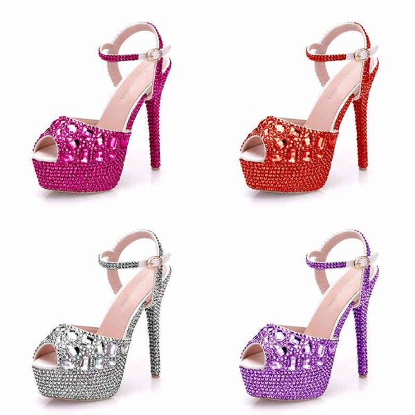 

sandals crystal queen diamond women super high heels wedding pumps 14cm peep shoes platform 4cm wristband colorful stiletto 220121, Black
