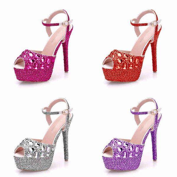 Sandali Crystal Queen Diamond Women Tacchi altissimi Décolleté da sposa 14Cm Peep Shoes Platform 4Cm Wristband Colorful Stiletto 220121