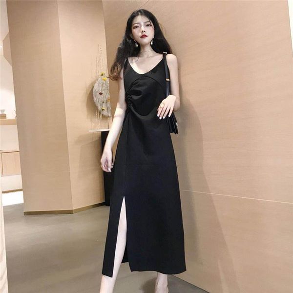 

casual dresses dress women breathable side-slit fashion basic spaghetti strap streetwear summer high waist n style vestido feminino, Black;gray