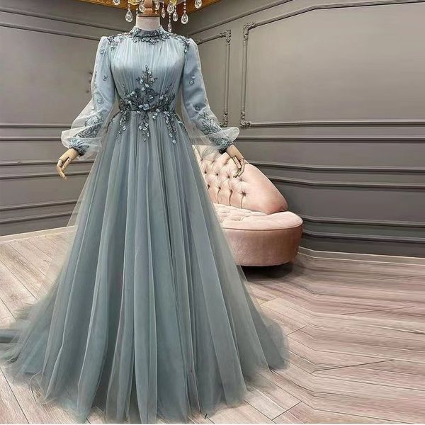 Modern El Yapımı Çiçek Müslüman Gece Elbiseler Tam Kollu Dantel Tül Etek Arap Dubai Resmi Elbise Kat Uzunluğu Suudi Arabistan Kadınlar 326 326