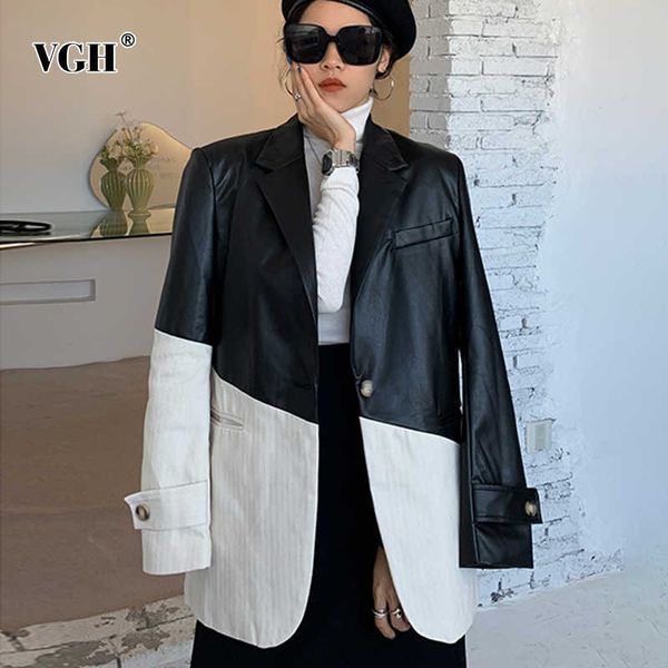 

vgh hit color casual blazer for women notched long sleeve pu leather korean jackets female spring fashion clothing 210930, White;black