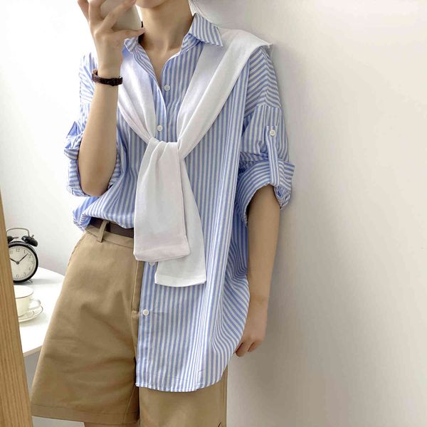 

women's jumpsuits & rompers design shawl stripe shirt female spring office lady lapel thin blousers loose sunscreen long sleeve to, Black;white