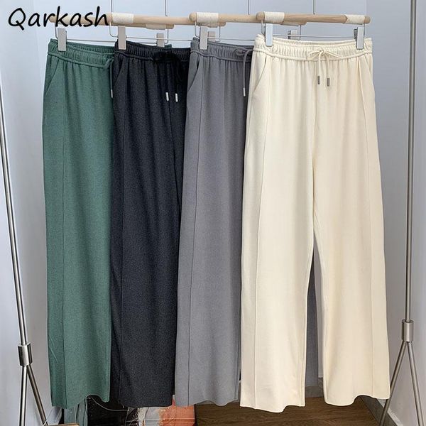 

women's pants & capris casual women drawstring trousers all-match design solid high waist korean style wide-leg mopping bottom elegant, Black;white