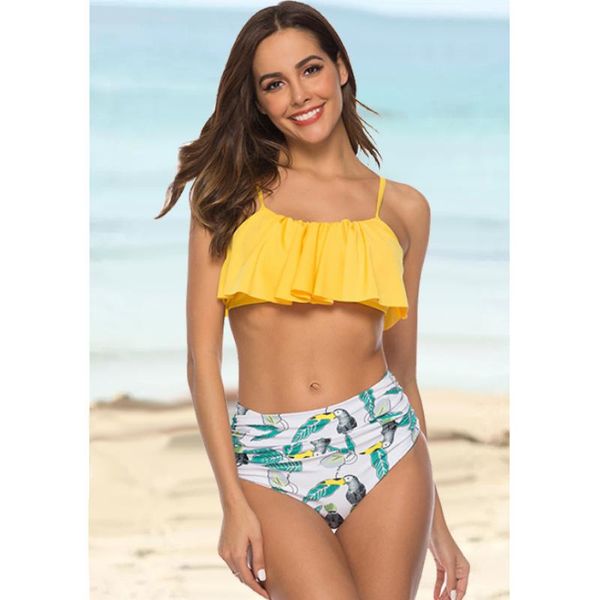 

swimwear women bikini bathing suit flounced ruffles push up women's low-waisted yellow beachwear swimsuit, White;black