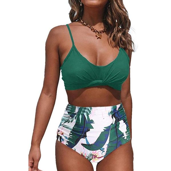 

summer high waist swimsuit solid wrinkled pants bikini set bathing swimming suit for women pads cup push upby air