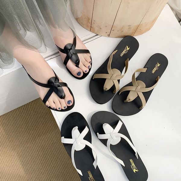 

slippers shoes women slipper wild female solid pu flat with sandals beach zapatos de mujer 4.6, Black