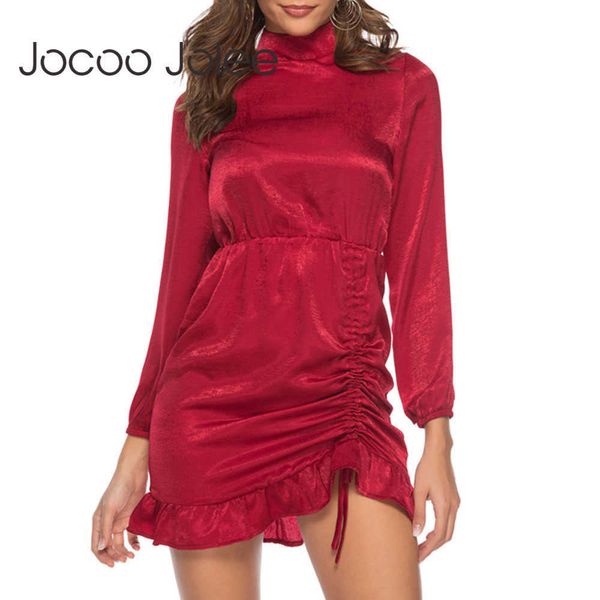 Jocoo Jolee Satin Mini платье Женщины Весна с длинным рукавом Стенд шеи Drawstring Slim Elegant Party Sexy BodyCon 210619