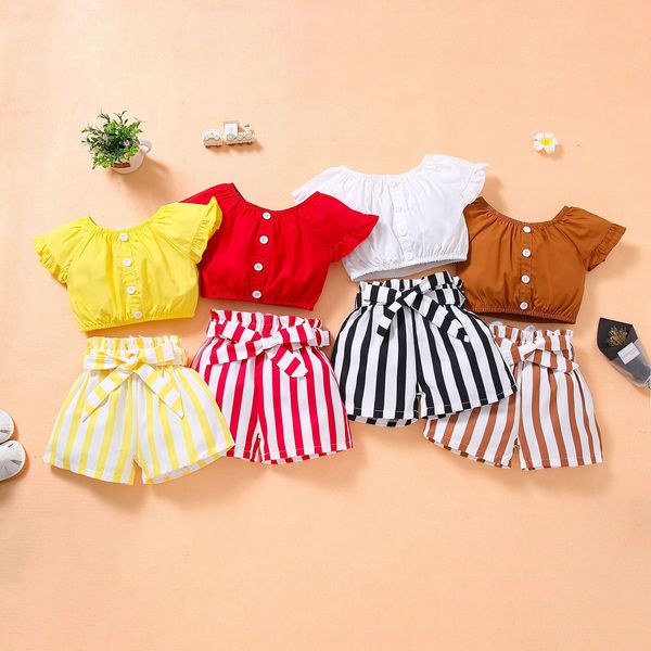 

baby girl clothe set shirt stripe shorts 2 pcs suit button ins summer boutique clothing outfit, White