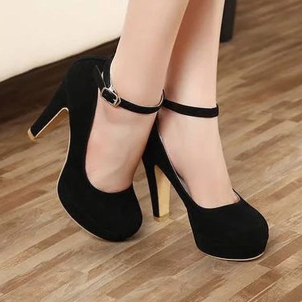 

2021 womens shoes thick heel shallow mouth new black round toe solid color buckle suede high heel work shoes1
