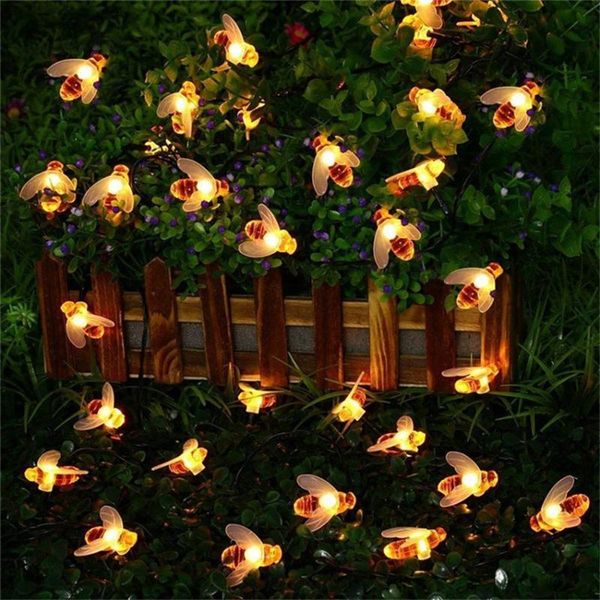 

solar powered cute honey bee led string fairy light 20leds 30leds 50leds outdoor garden fence patio christmas garland lights strings