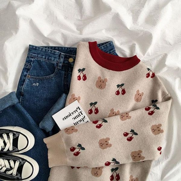 

women's sweaters autumn winter vintage loose women pullovers japanese kawaii knit sweater jumpers o-neck female casual, White;black