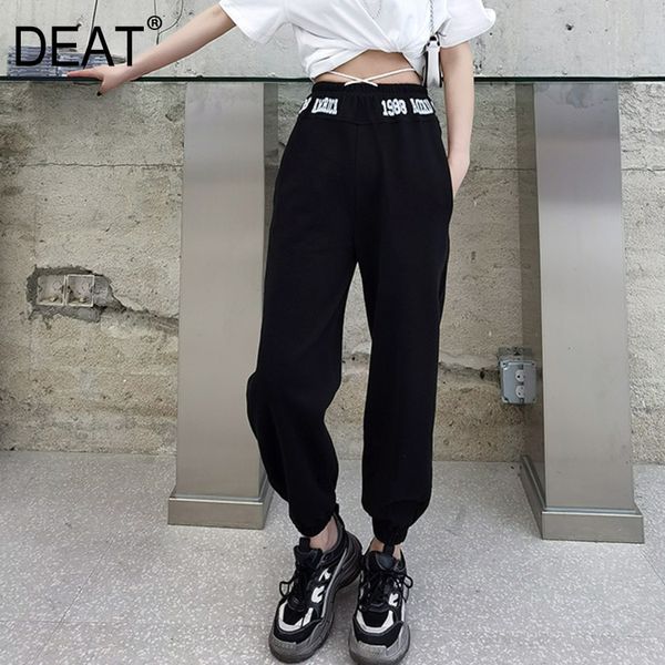 

[deat] high elastic waist trousers new slim fit pants women black printing pockets tie feet fashion tide summer 7e7759 210428, Black;white