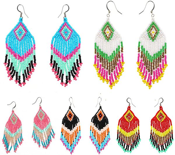 

ysh5643 5 pairs/lot handmake long beaded drop jewelry women's glass seed beads tassel earrings new fashion boho ethnic dangle chandelie, Silver