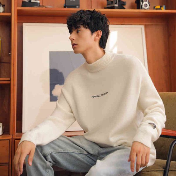 

Hong Kong Style Men's 2021 Autumn Winter New Semi High Neck Loose and Versatile Embroidered Sweater Men, Black