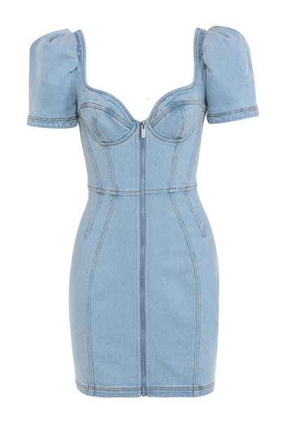 

casual dresses women denim party evening 2021 new vintage frence style puff sleeve square neck bodycon short spring summer mi, Black;gray