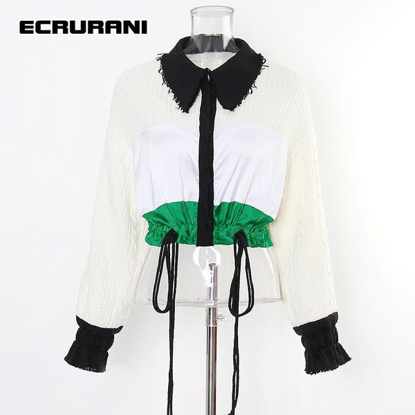 

women's jackets ecrurani elegant patchwork jacket for women lapel long sleeve single breasted hit color drawstring vintage coats female, Black;brown