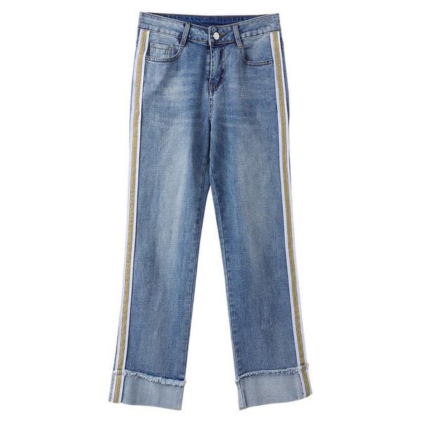 

women's jeans side striped high waist women light blue straight denim pants vintage ankle length boyfriend for