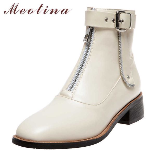 

meotina autumn motorcycle boots women natural genuine leather zip thick heel ankle boots buckle square toe shoes lady winter 39 210608, Black